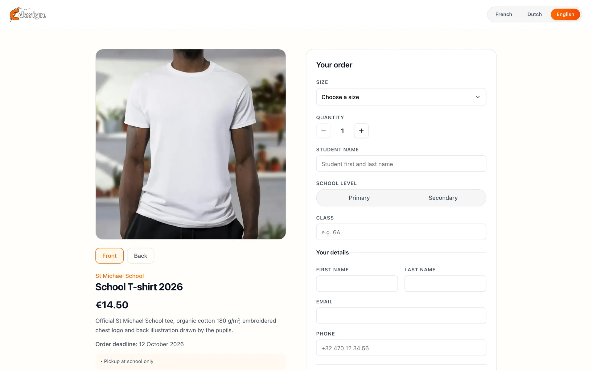 School campaign order page for a school T-shirt with size, quantity, student name and class