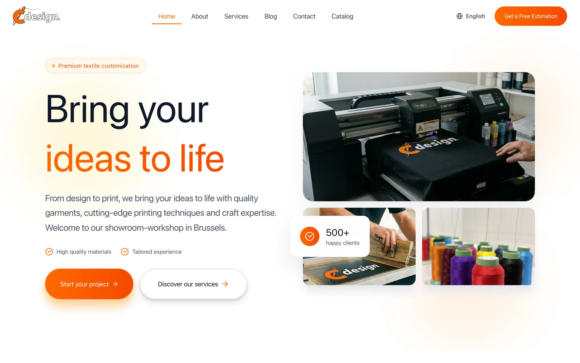 C Design landing page hero with the workshop photo and a Get a free estimation button
