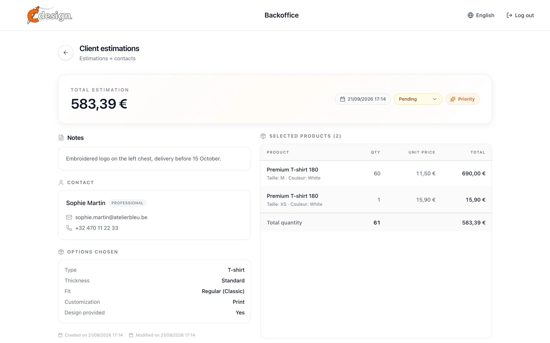Back office detail of one estimate with the customer, the configuration and the status