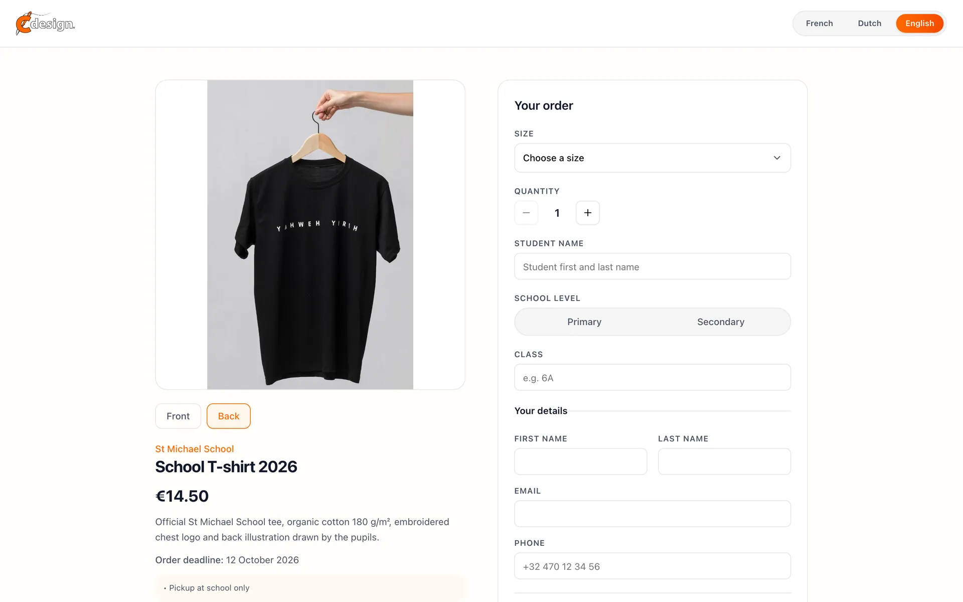 School campaign page showing the back of the T-shirt with the illustration drawn by the pupils