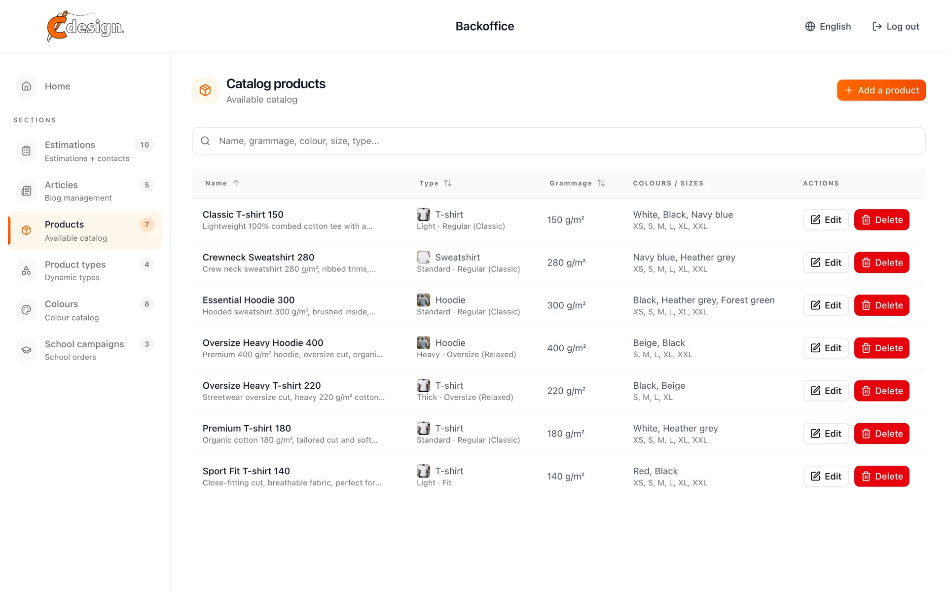 Back office product catalogue