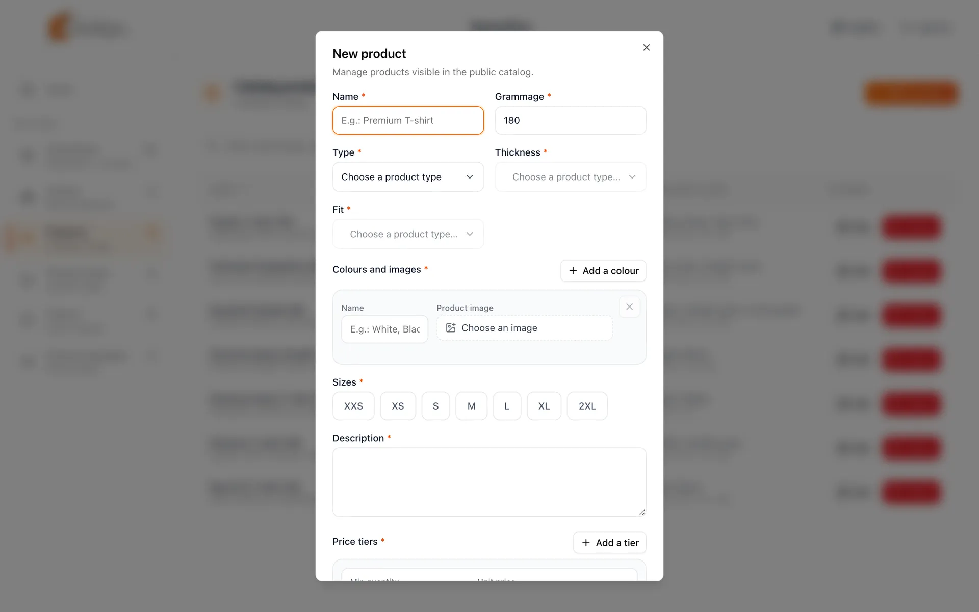 Back office dialog to create a product with type, colours, sizes and prices