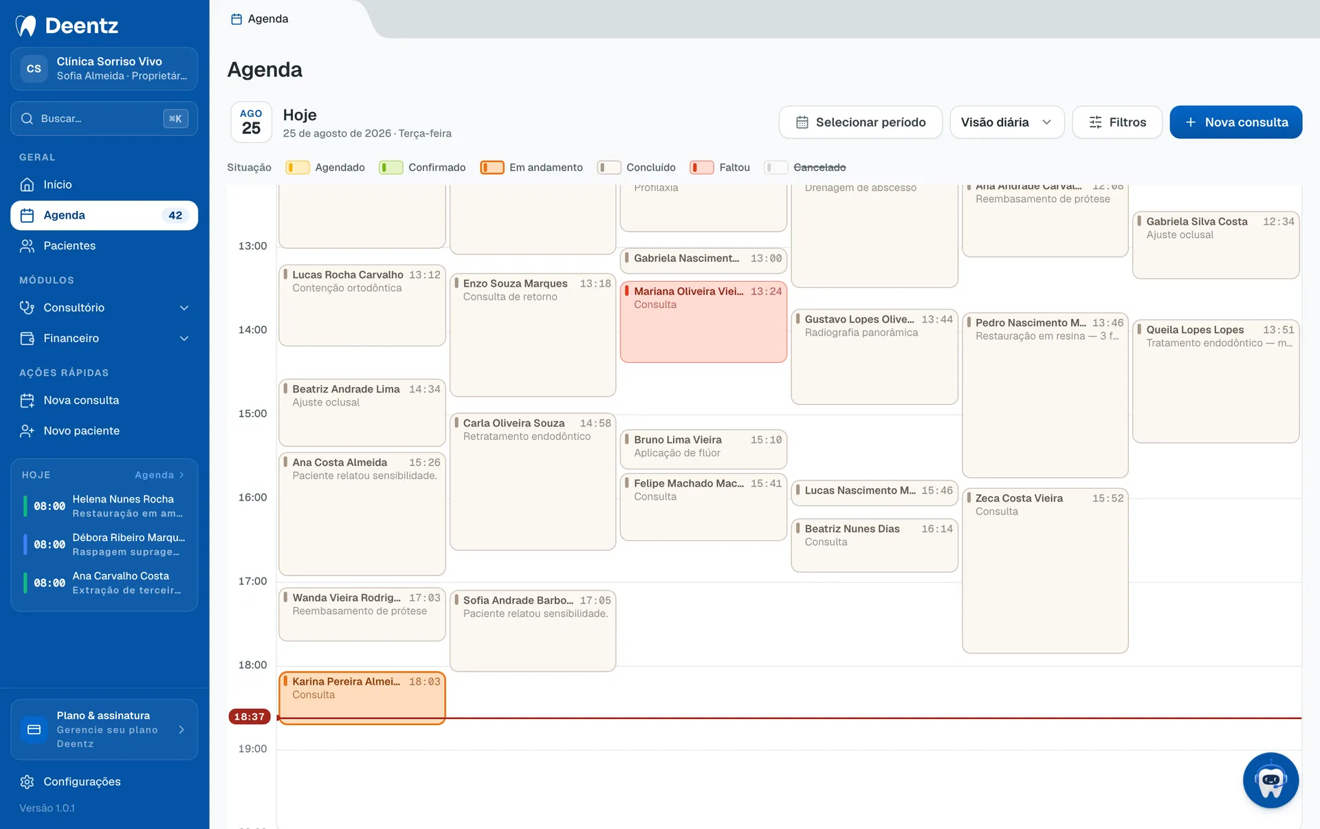 Deentz schedule view with appointments laid out by hour and dentist