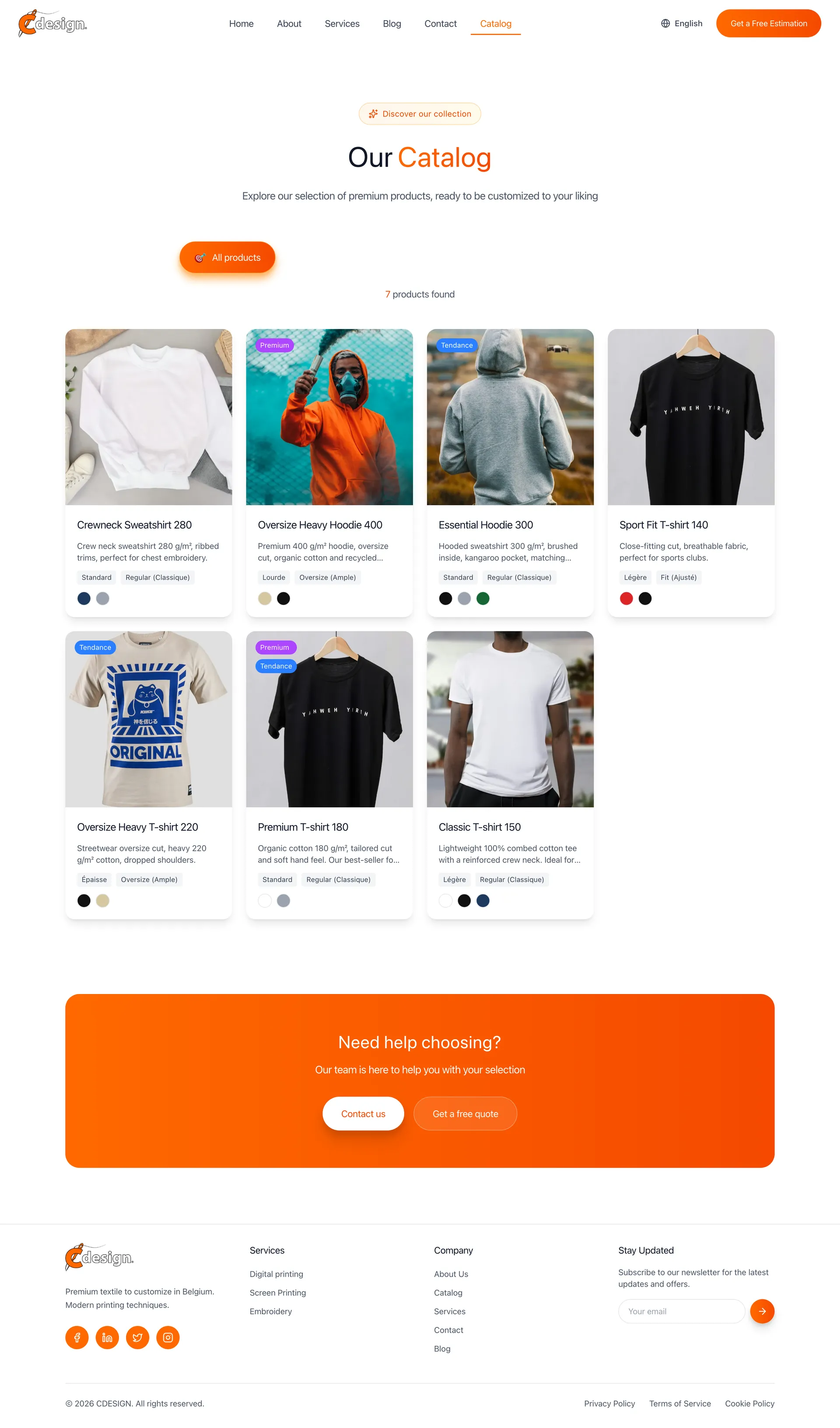 C Design catalogue page listing garments with their type and colours