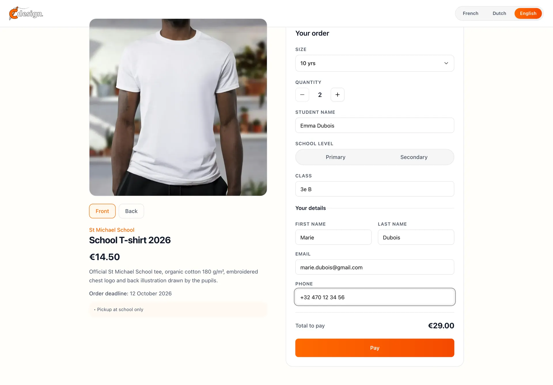 School order form filled in and ready to pay