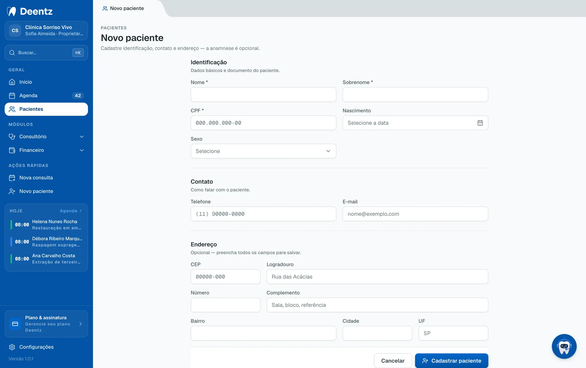Deentz new patient form with personal data, contact and address fields