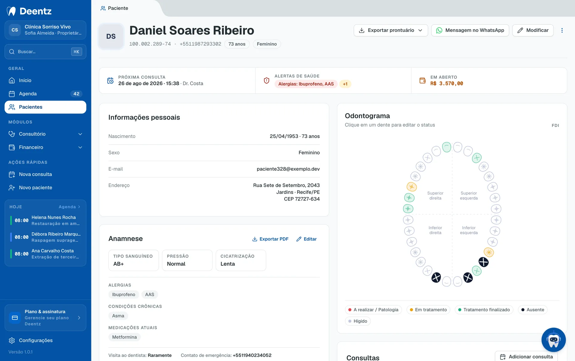 Deentz patient record with the dental chart, treatments, appointments and payments