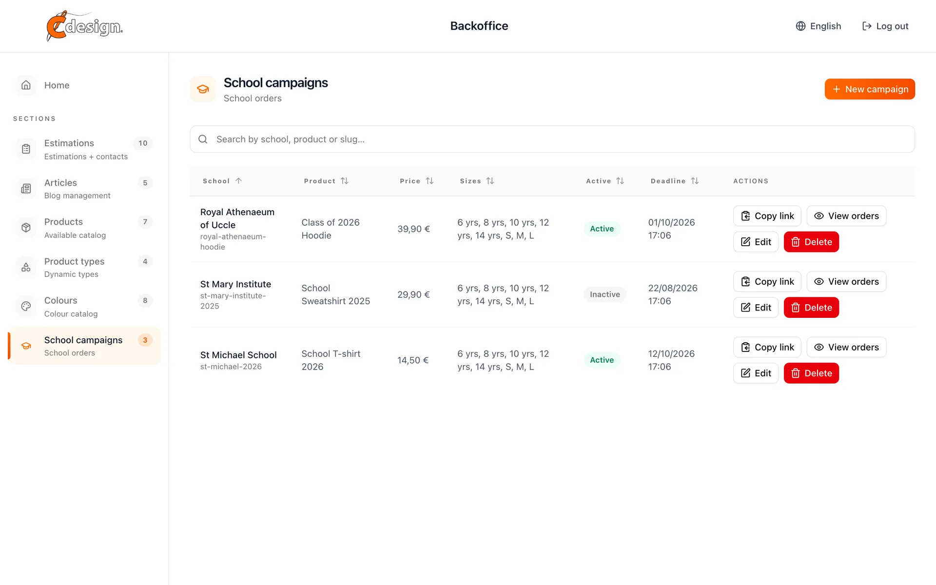 Back office list of school campaigns