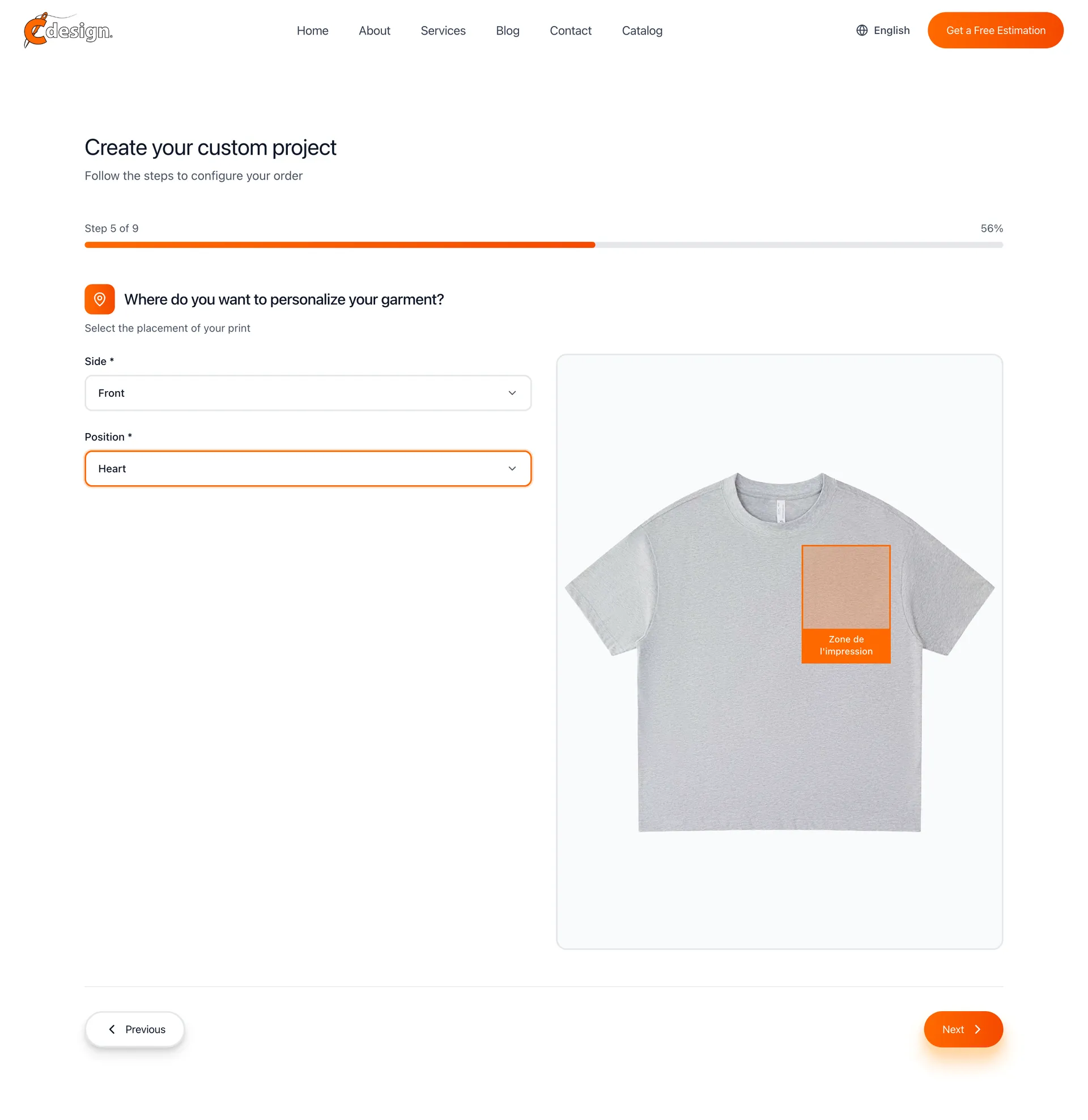 Quoting engine step five: print placement chosen on the front of the garment