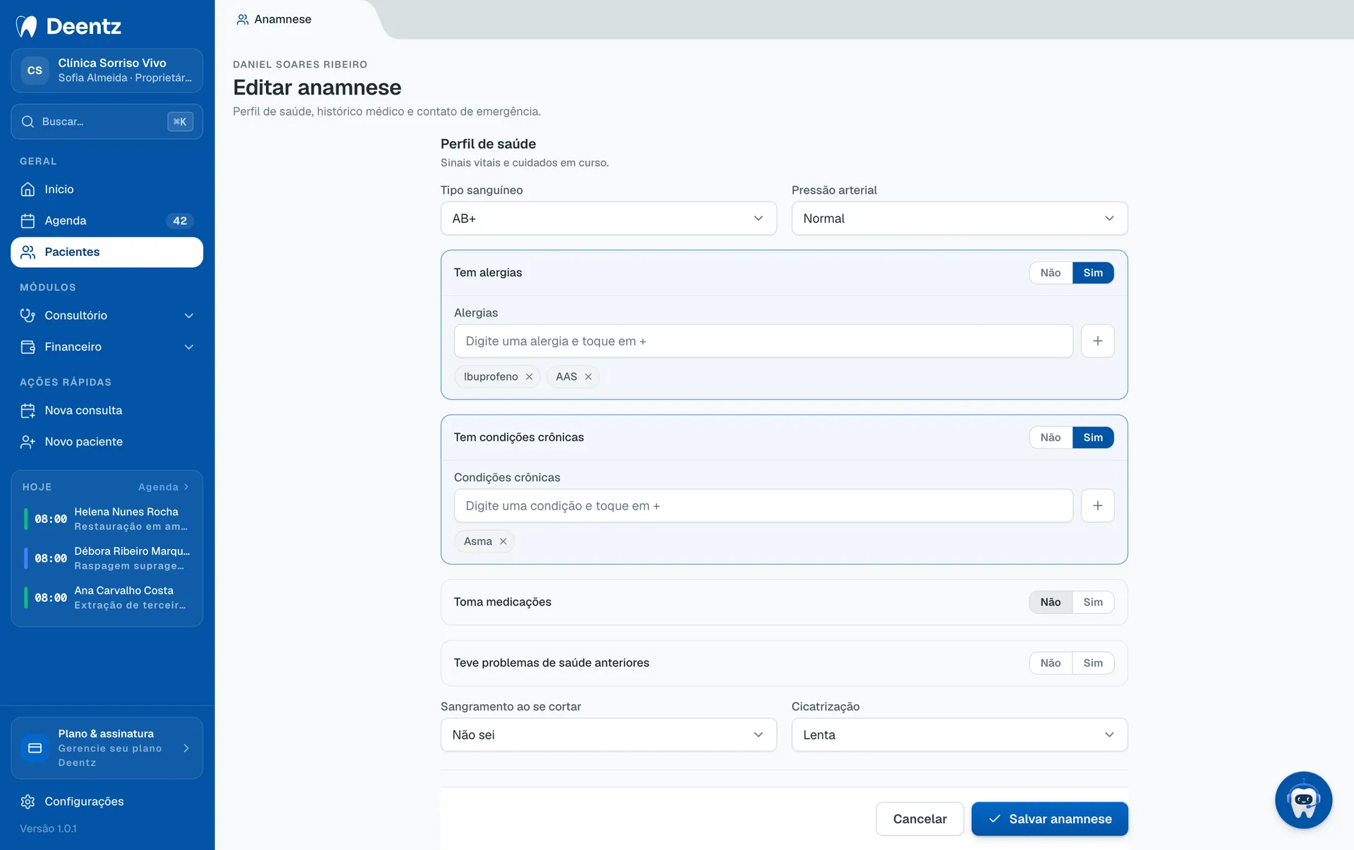 Deentz medical history form for a patient, with health questions and allergies