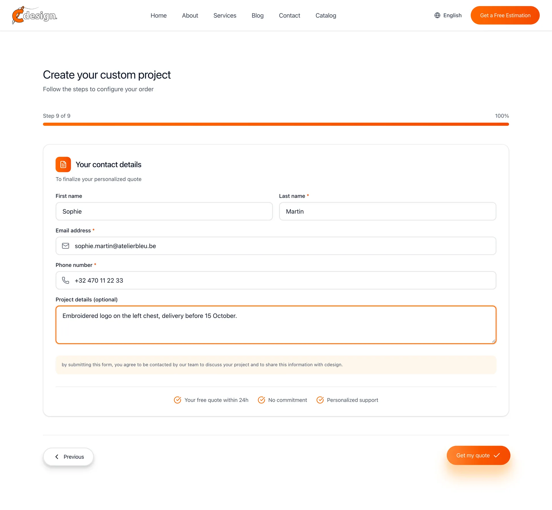 Quoting engine step nine: contact details filled in
