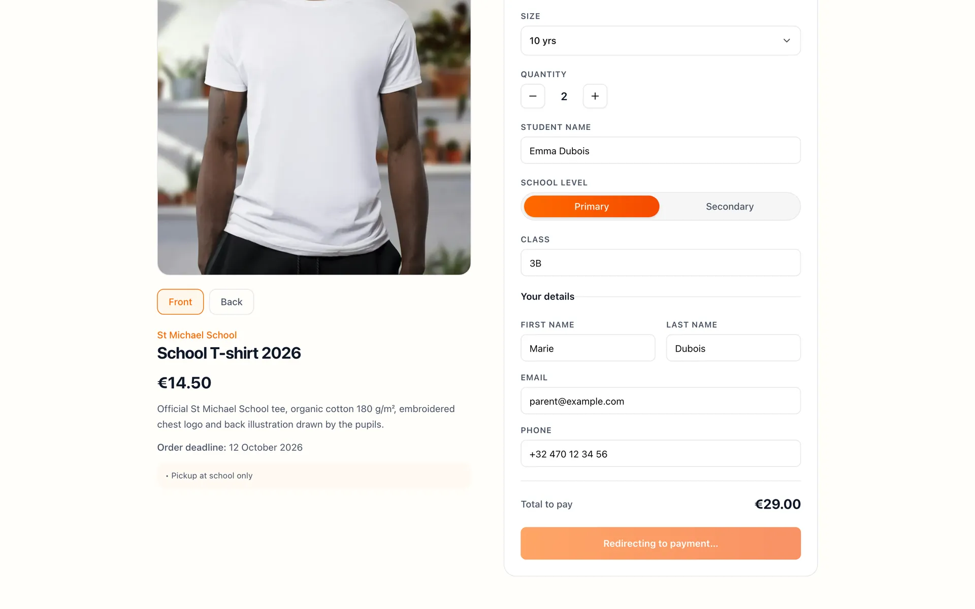 School order redirecting to the payment page