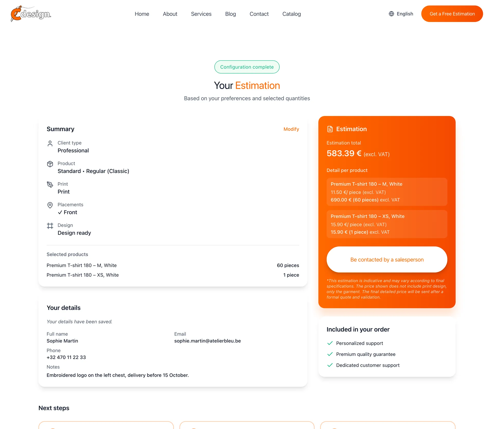 Quoting engine result: the summary, the estimated total per product and a button to be contacted by a salesperson