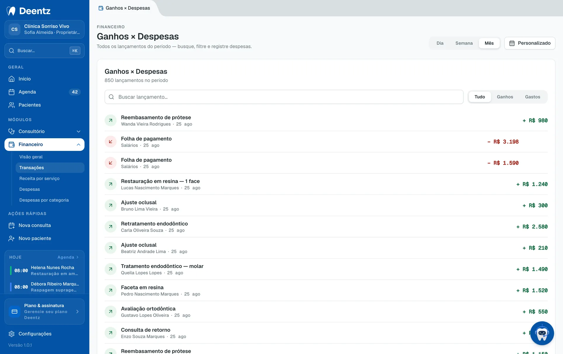 Deentz transaction list with payments received, method and status