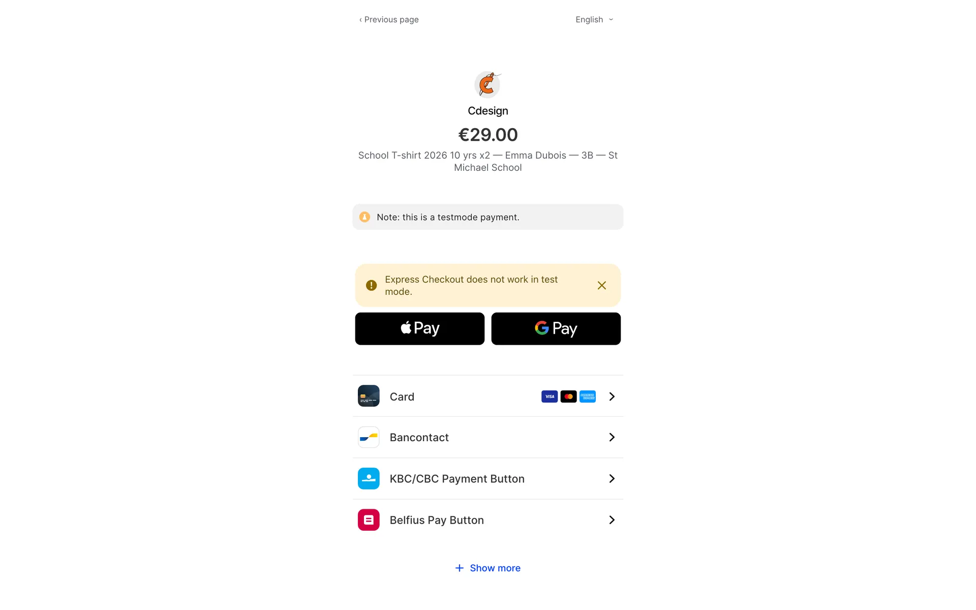 Mollie checkout page for a school order