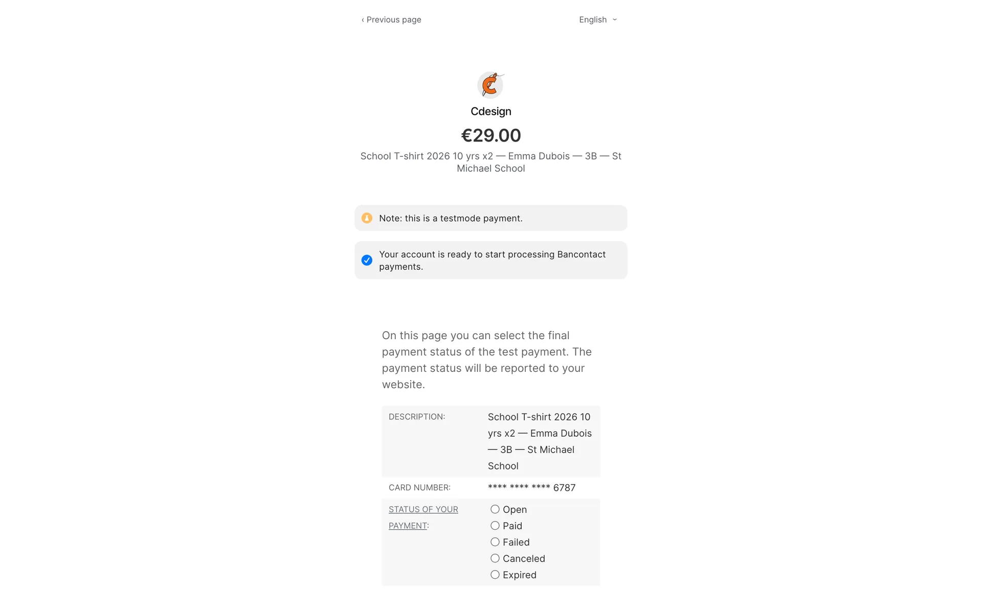 Mollie test page to choose the outcome of the payment