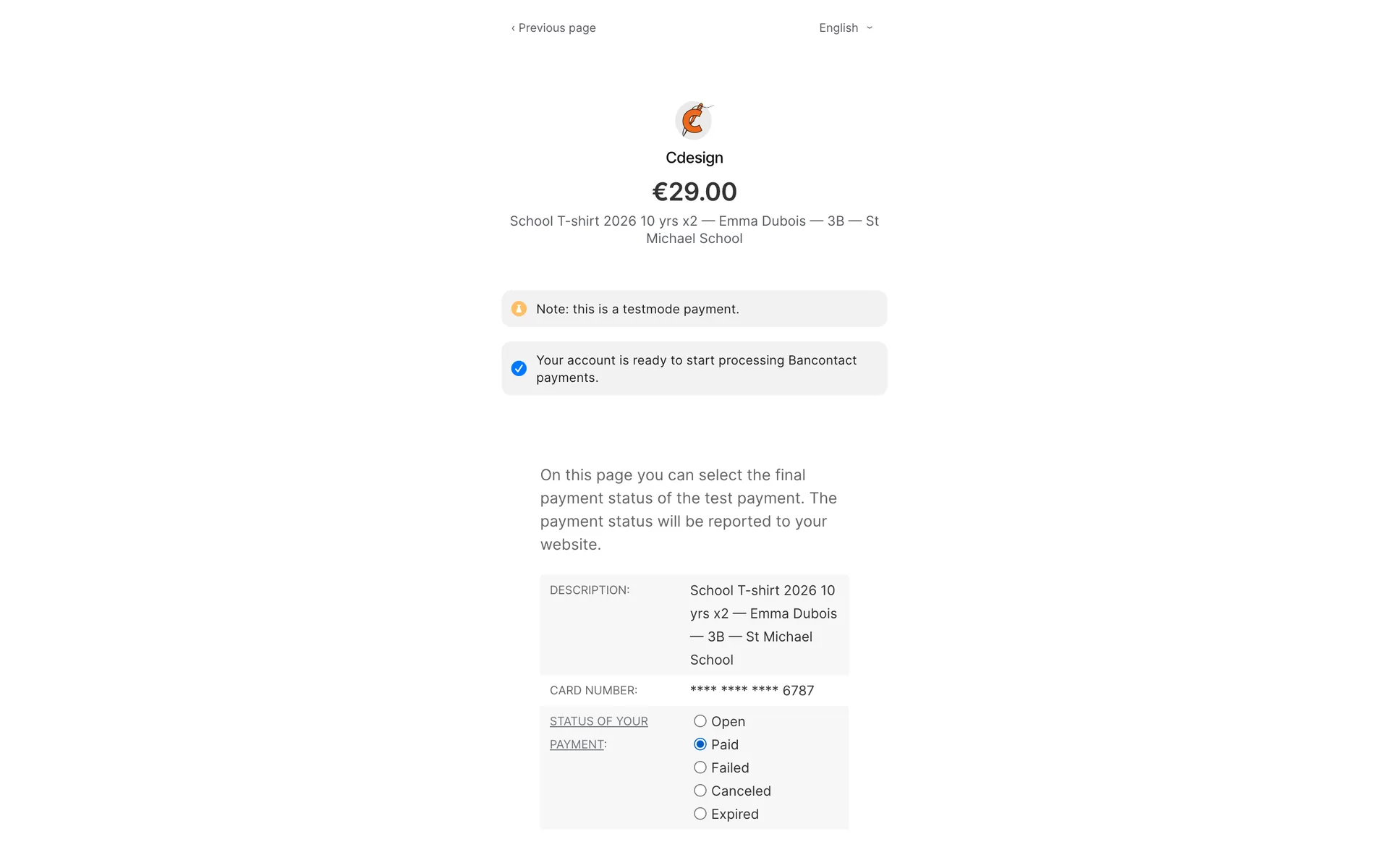 Mollie test page marking the school order as paid