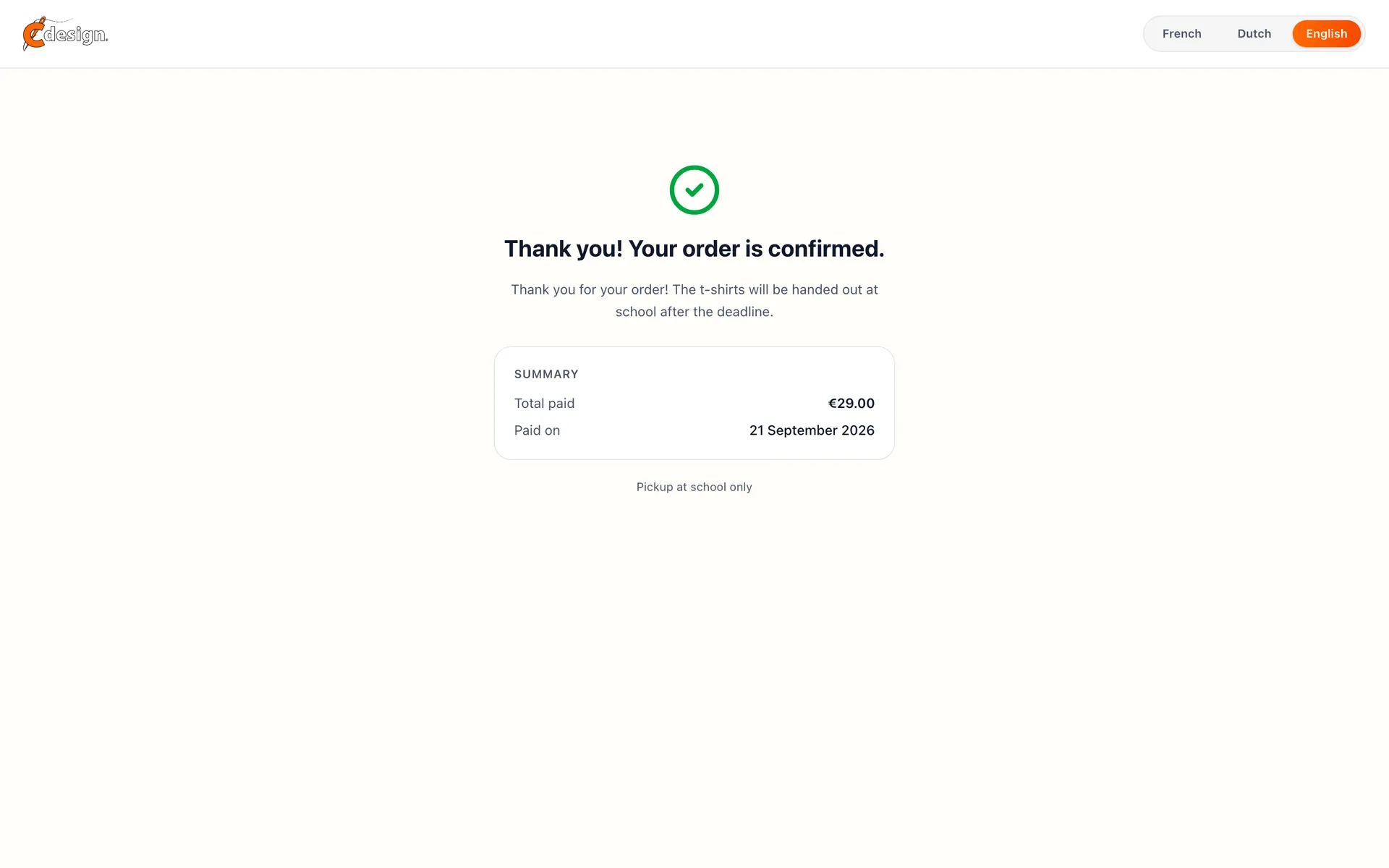 Thank you page confirming the school order is paid