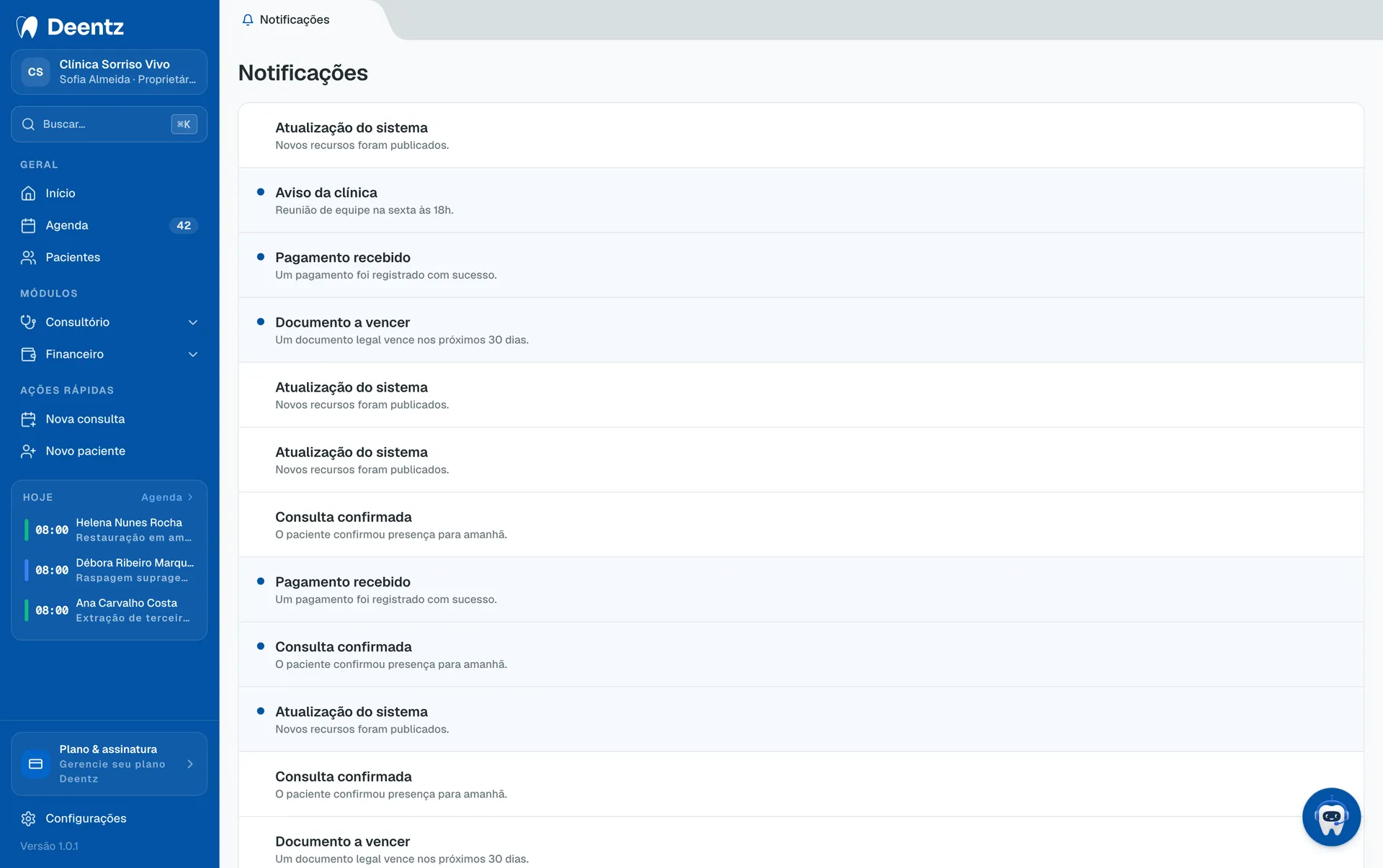 Deentz notification centre listing alerts for the clinic