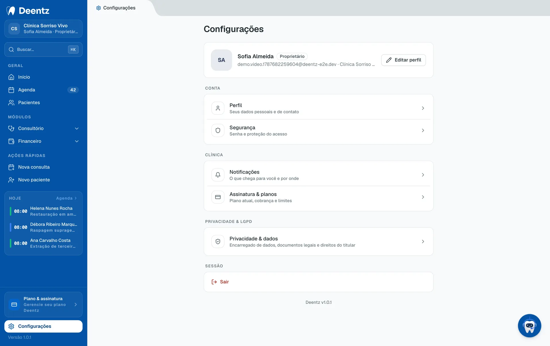 Deentz settings screen with the clinic configuration sections