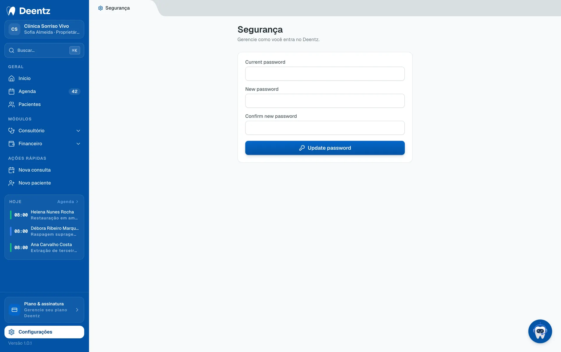 Deentz security settings with password change and session controls