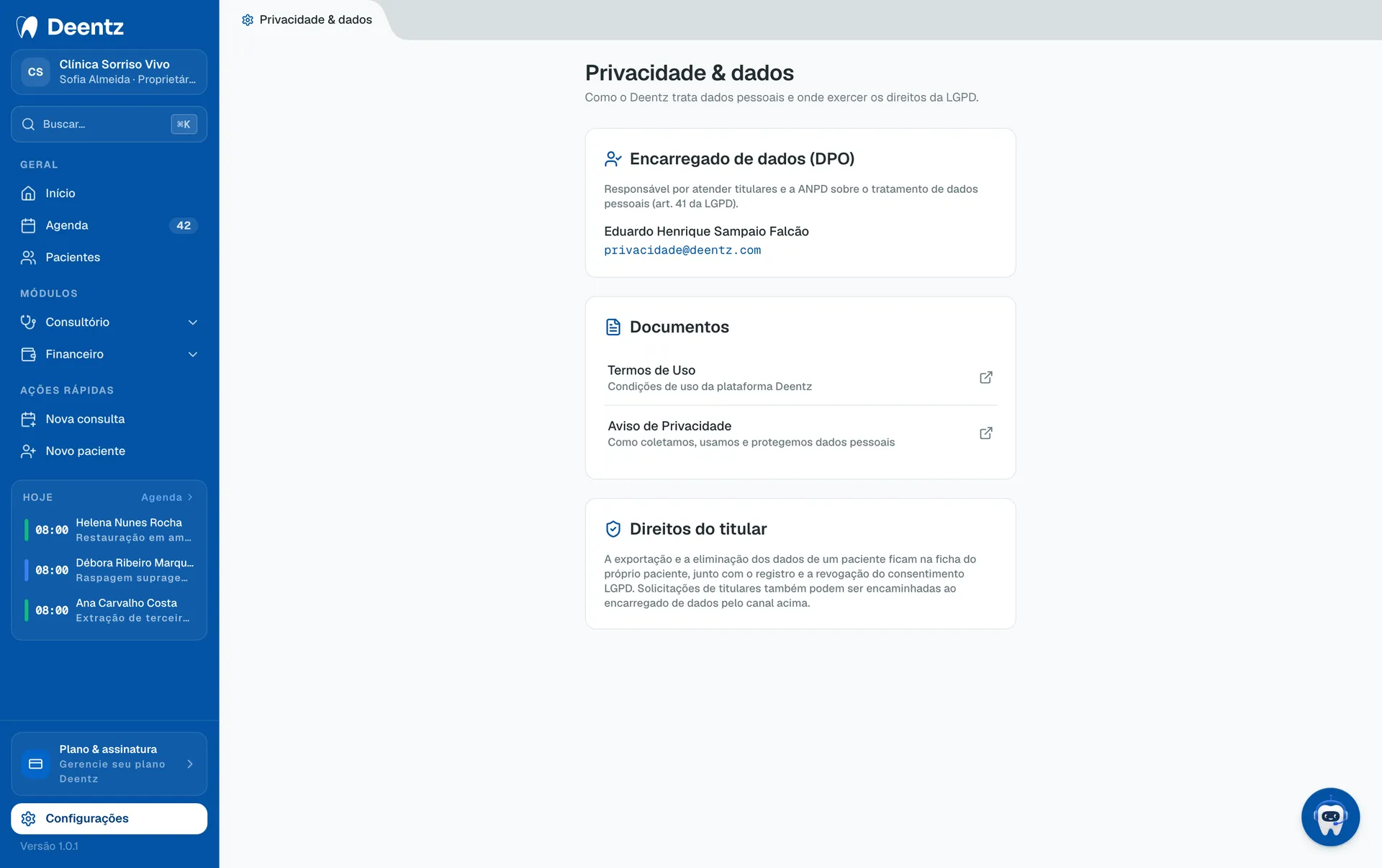 Deentz privacy settings with data handling and LGPD options