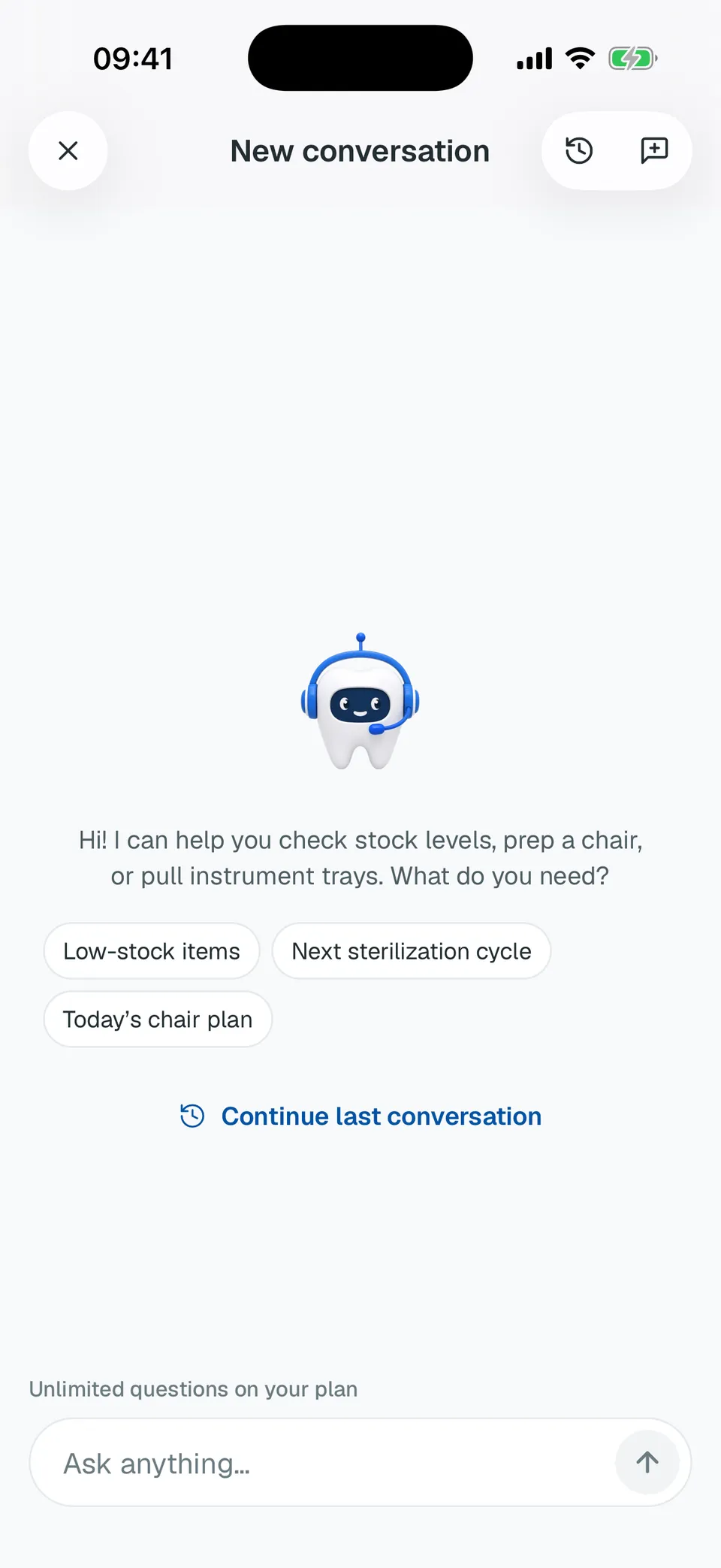 Deentz mobile copilot start screen with suggested questions about stock, sterilisation and the chair plan