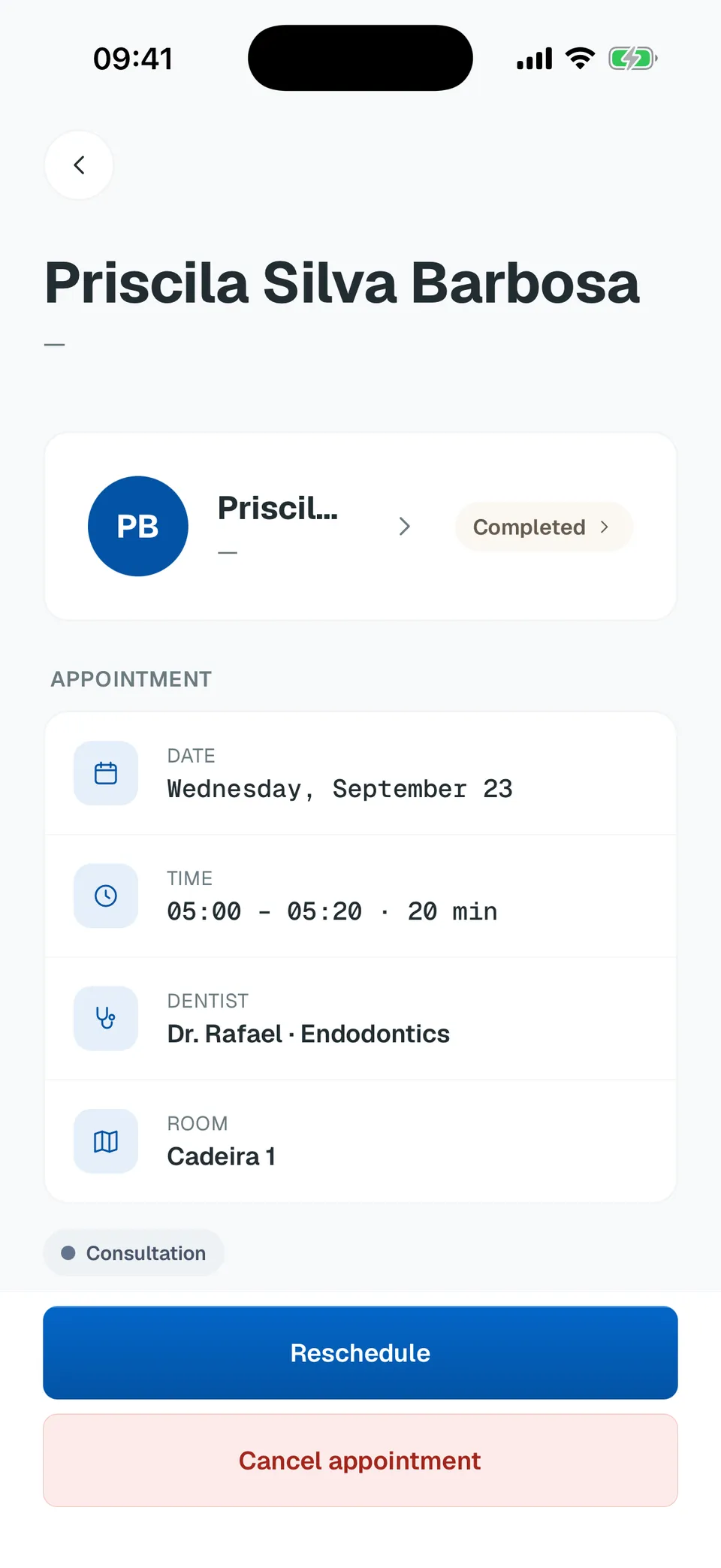 Deentz mobile appointment detail with the patient, the procedures and the payment