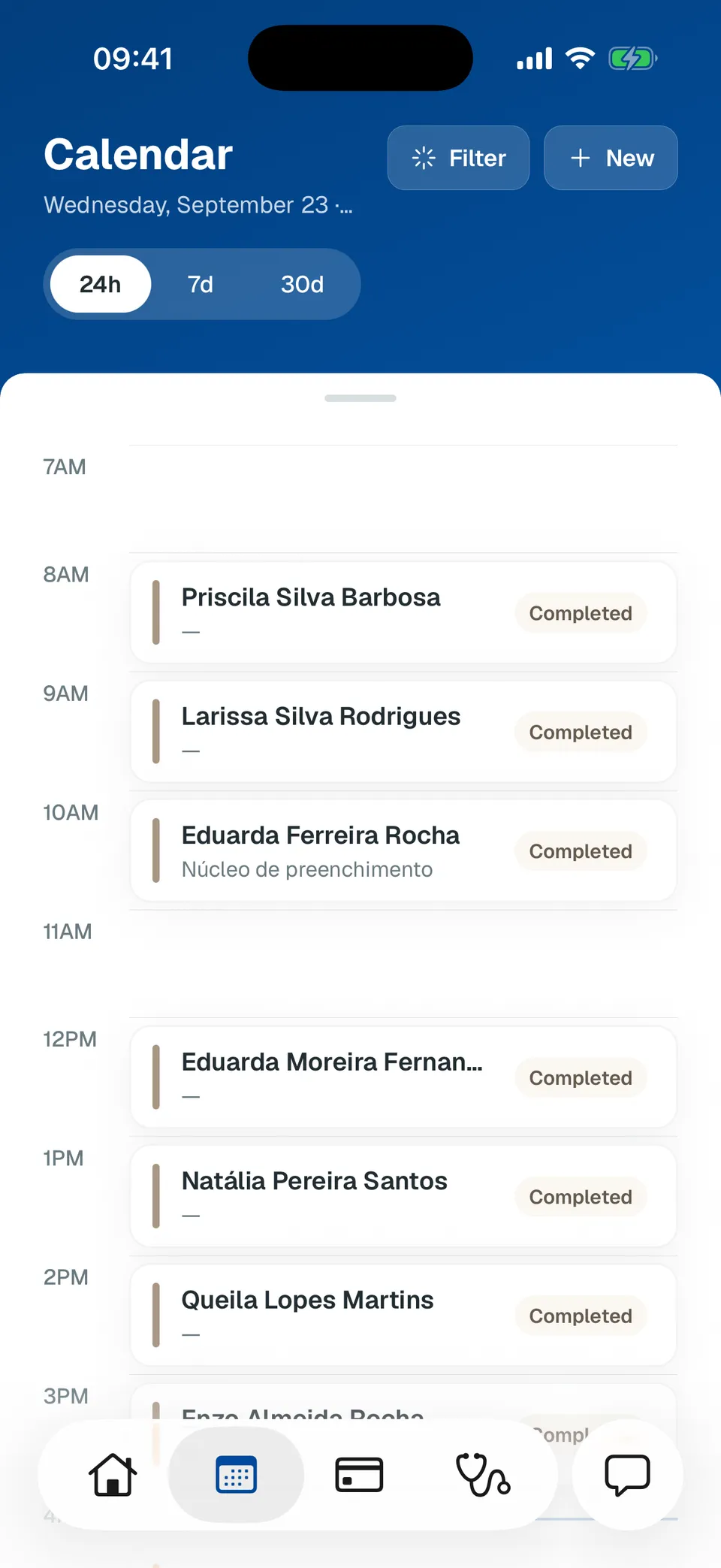 Deentz mobile calendar for one day with appointments by hour and their status