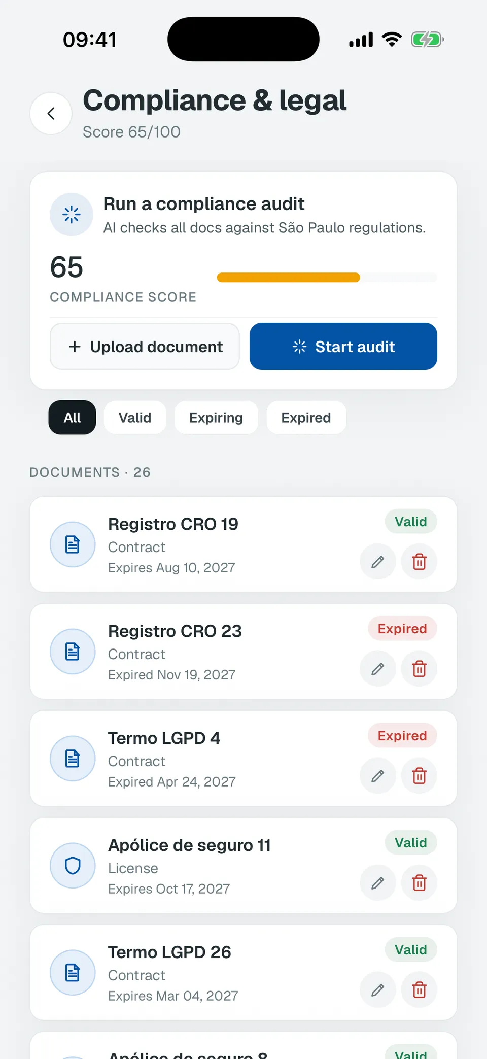 Deentz mobile legal screen with LGPD consent records