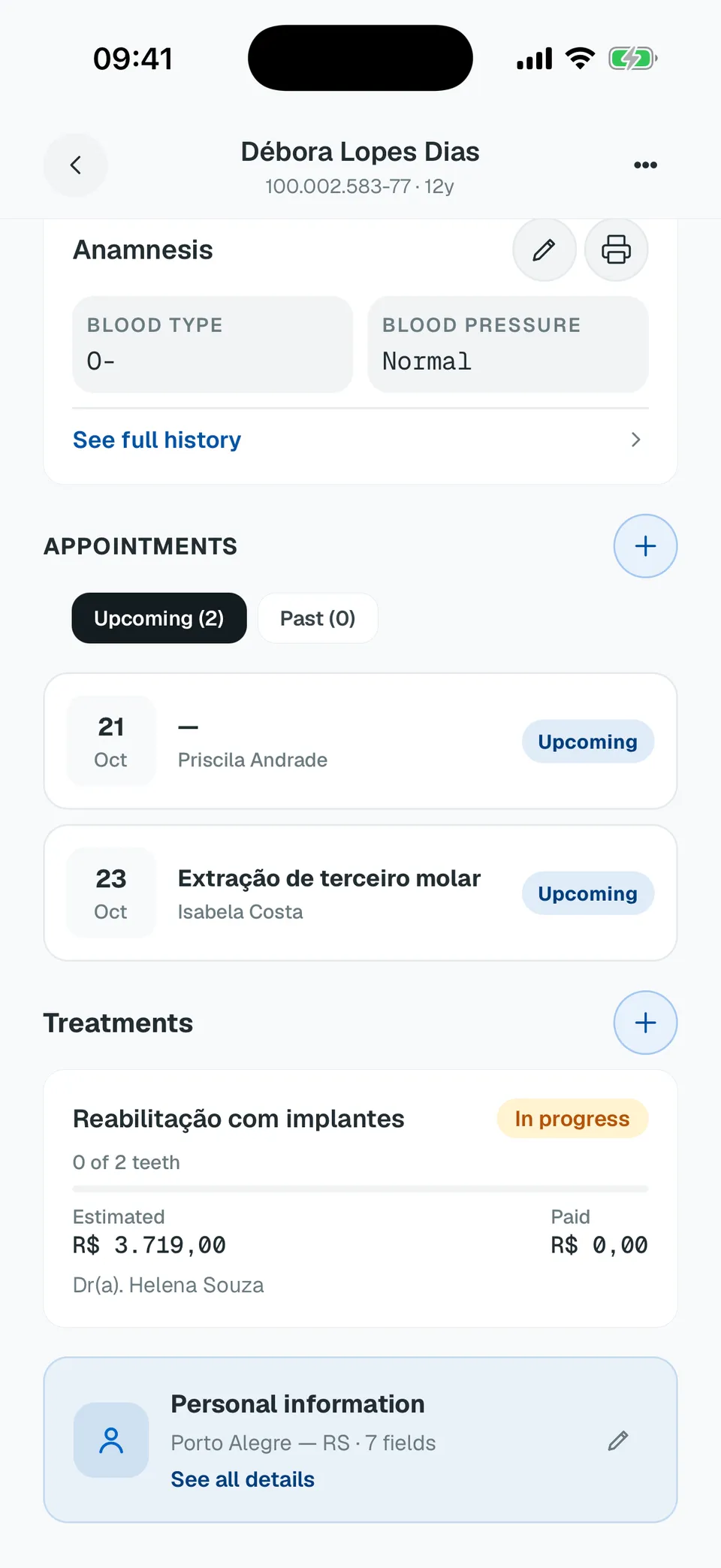 Deentz mobile patient record, scrolled to appointments and payments