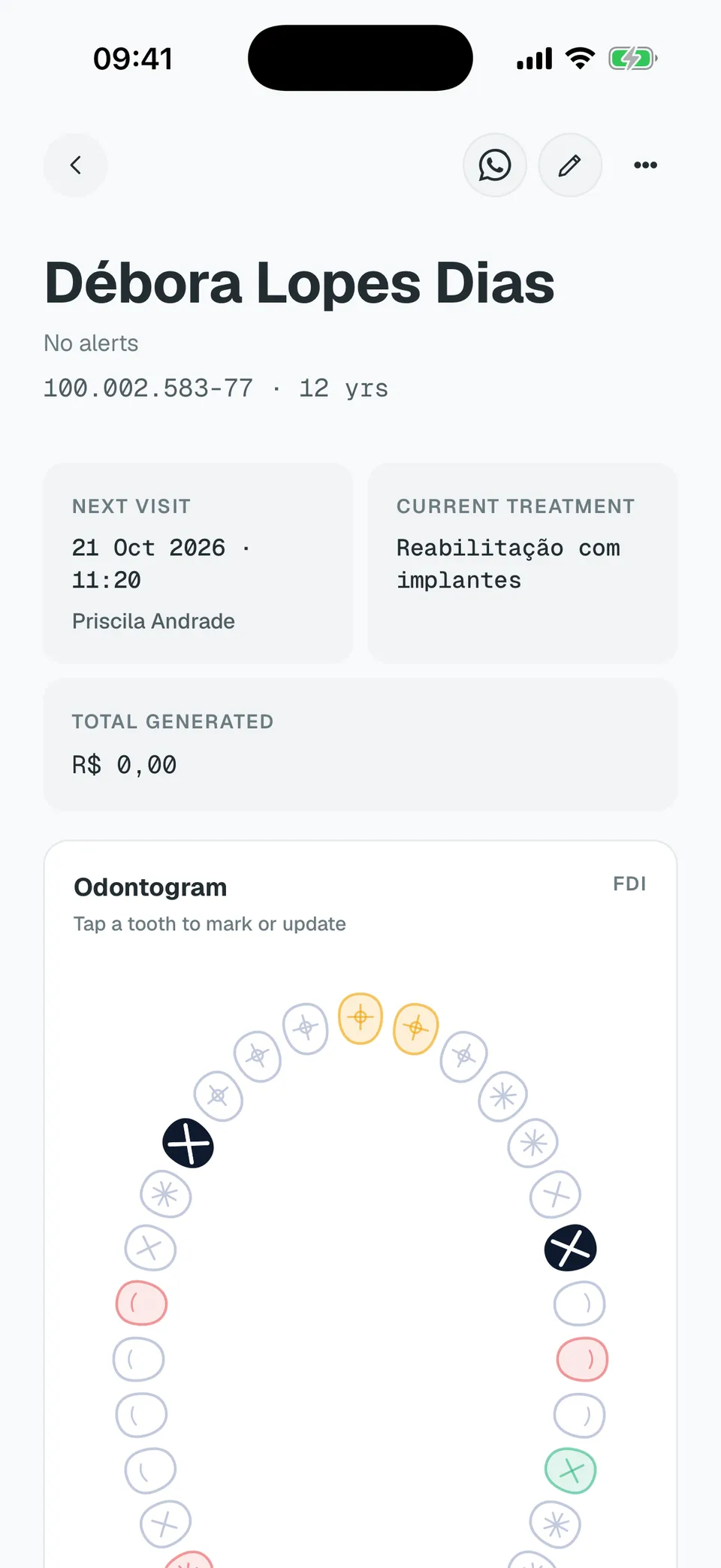Deentz mobile patient record with health alerts, treatments and open balance