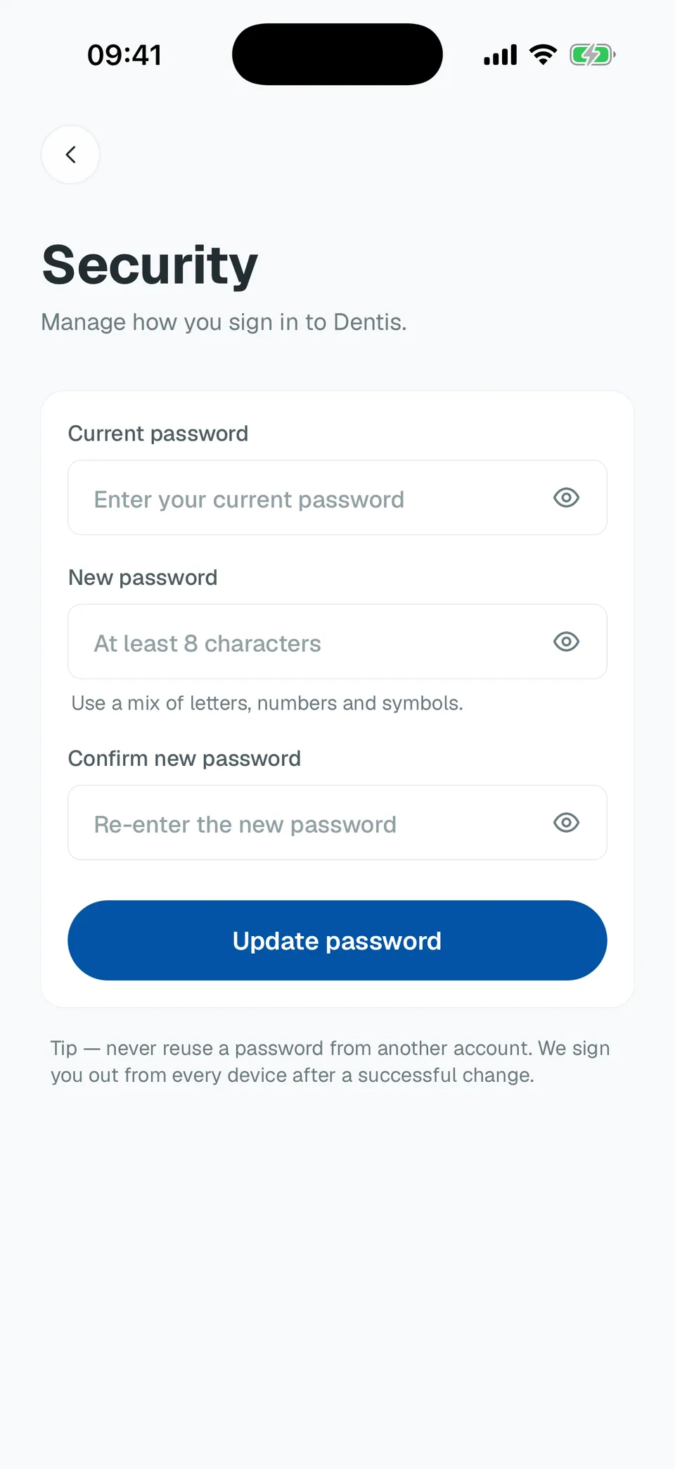 Deentz mobile security settings with biometric unlock
