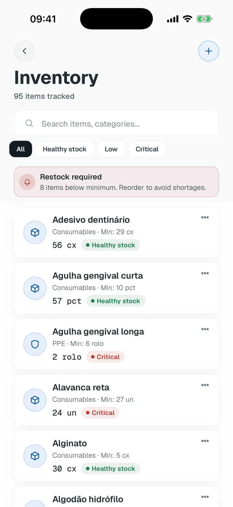 Deentz mobile stock screen with low and out-of-stock items
