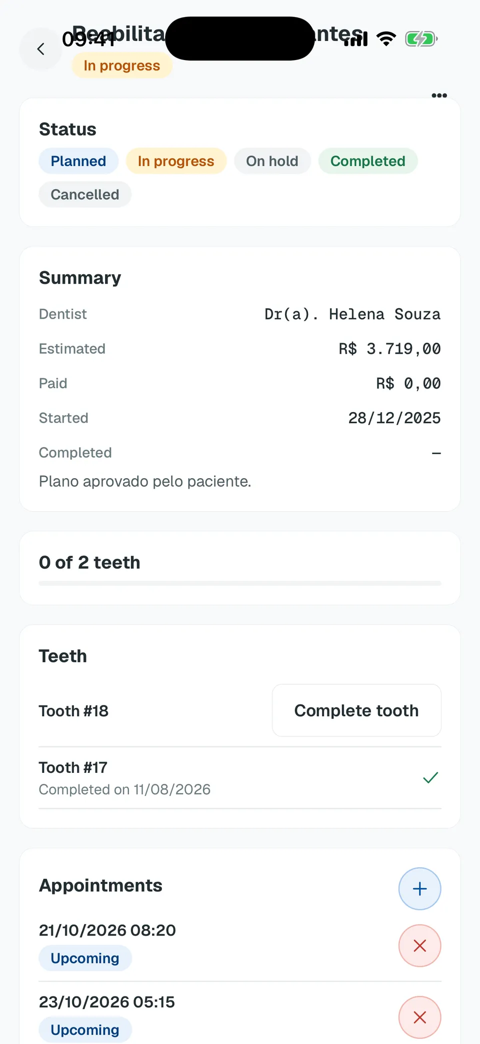 Deentz mobile treatment detail with the teeth in the plan and the quote